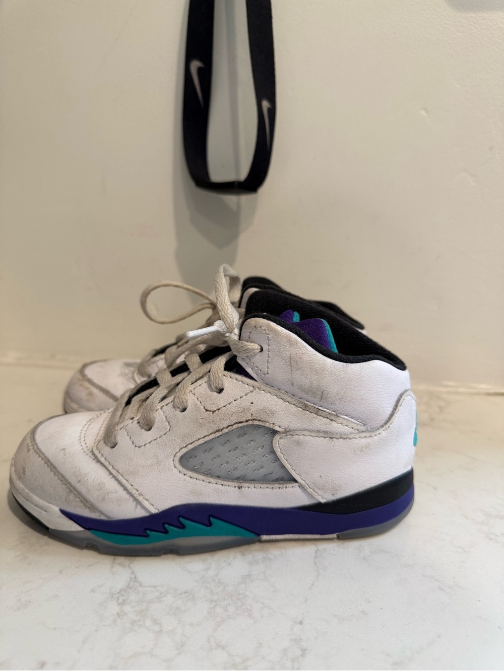 Jordan Kids White Sneakers with Teal & Purple Accents